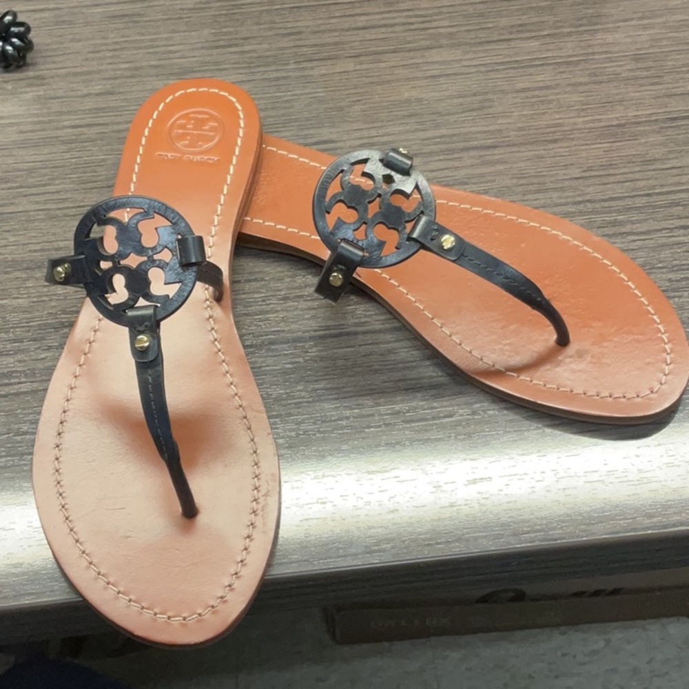 Tory Burch Black and Tan Medallion Sandals